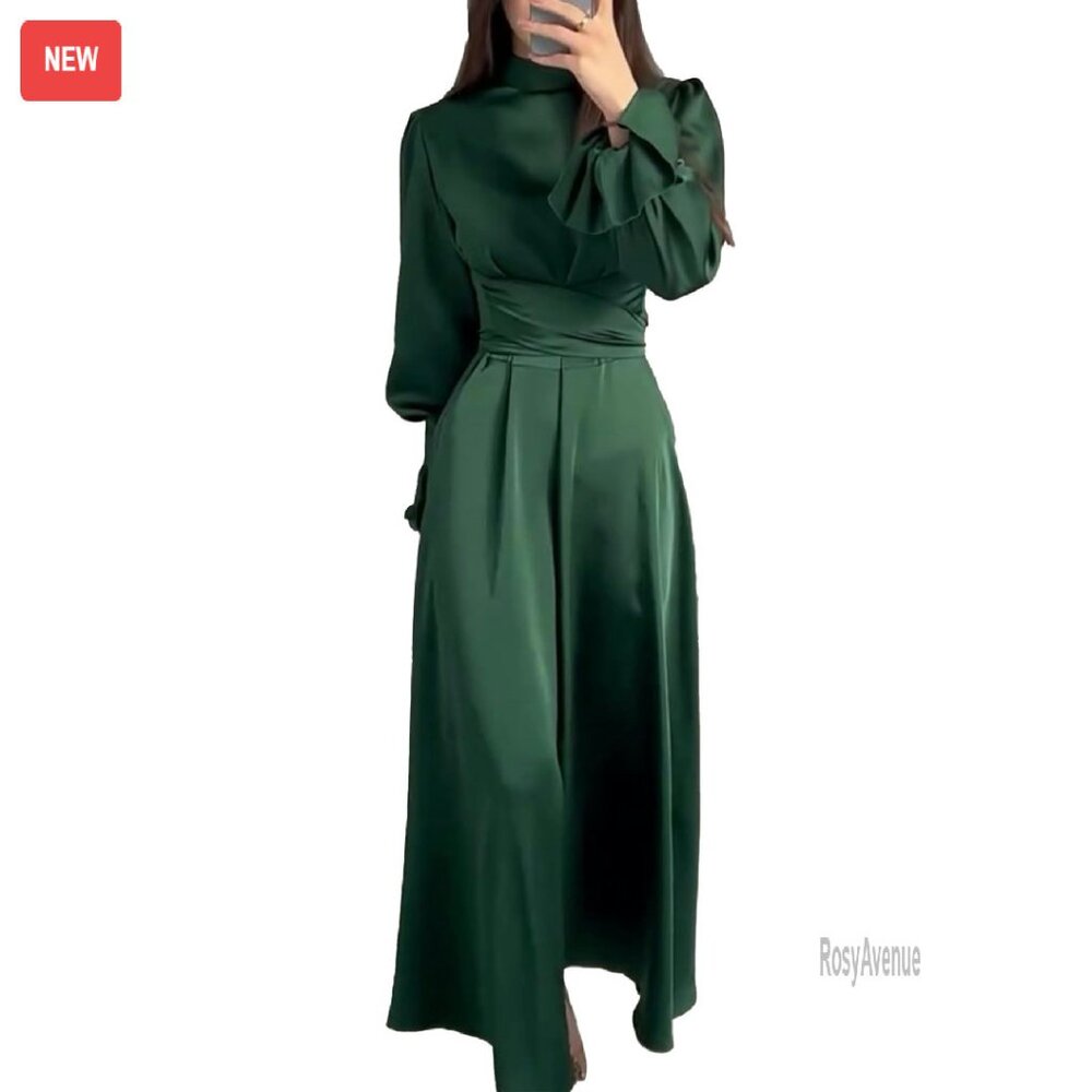 Women's Satin Maxi Dress Long Sleeve Mock Neck Tie Waist Pleated